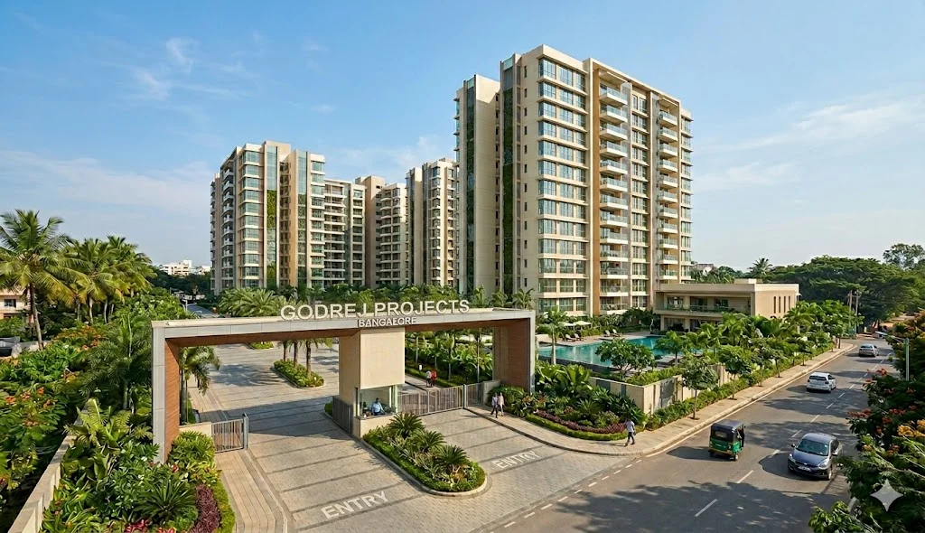 Overview map and architectural renders of top Godrej Properties residential apartment projects and townships across Bangalore.